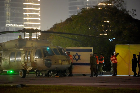 A helicopter arrives with Israeli hostages freed as part of the deal at Schneider medical centre in Petah Tivka, Israel. 