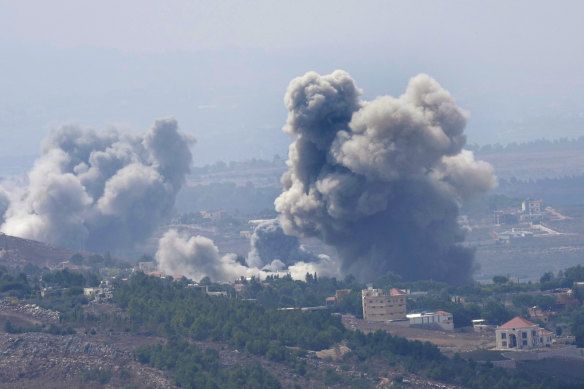 Smoke rises from Israeli airstrikes on villages in the Nabatiyeh district, seen from the southern town of Marjayoun, Lebanon.