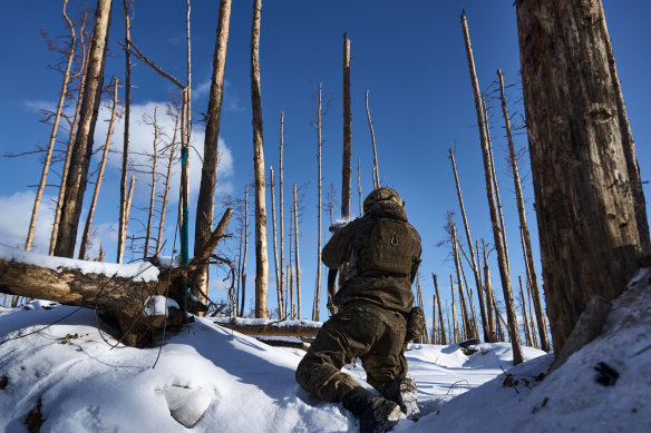 Soldiers of Ukrainian National Guard hold their positions in the snow-covered Serebryan Forest in temperatures of -15°C in Kreminna, Donetsk, Ukraine.