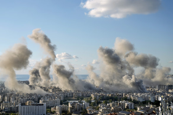 Smoke rises after an Israeli airstrike on Beirut, Lebanon.