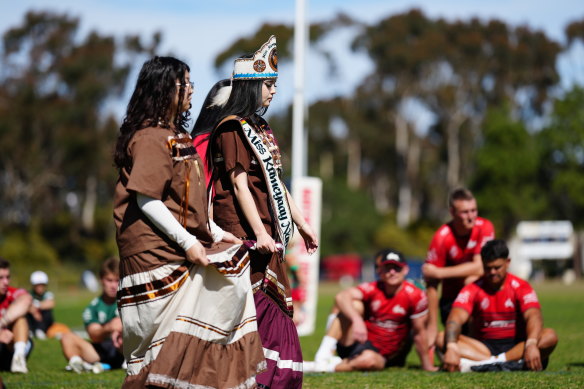 The Kumeyaay Nation performs for South Sydney at a welcome ceremony in San Diego.