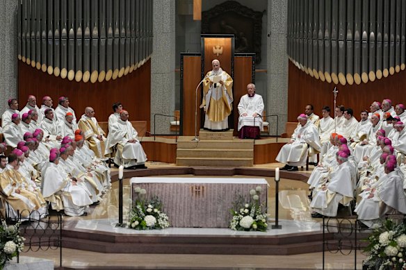Pope Leo XIV, centre, celebrates a mass in the Basilica of the Sagrada Familia last Wednesday.