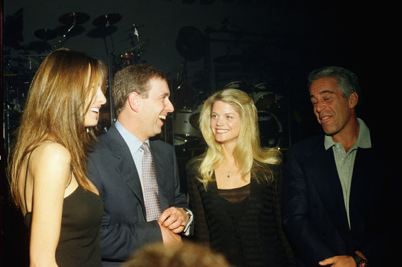 Prince Andrew with Jeffrey Epstein at a party at Mar-a-Lago in 2000.  Melania Trump is on the left and US politician Gwendolyn Beck is third from left.