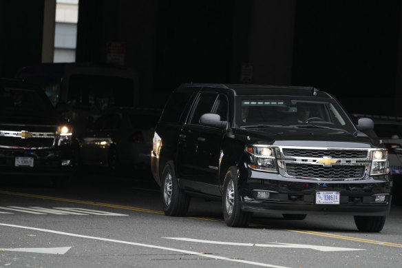 The motorcade carrying former President Donald Trump leaves E. Barrett Prettyman US Federal Courthouse.