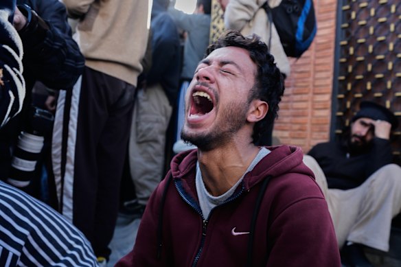 A Shiite Muslim man mourns Khamenei’s death during a protest against the US and Israel in Srinagar, Indian-controlled Kashmir