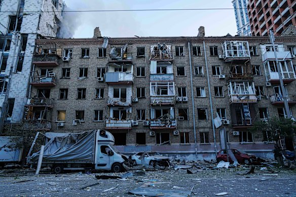 A damaged building in a residential district of Kyiv.