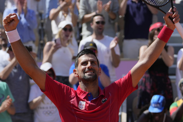 Serbia’s Novak Djokovic celebrates a second-round Olympic win against his arch-rival Rafael Nadal.