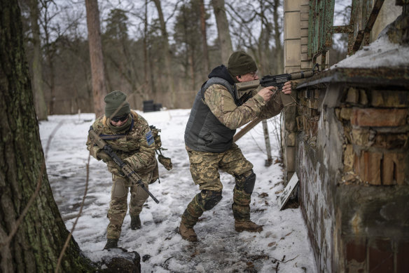 Recruits practise combat skills near Kyiv last month.