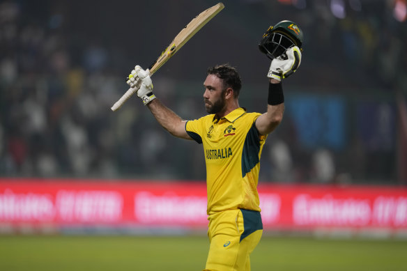 Glenn Maxwell celebrates scoring the fastest ever World Cup century during this tournament.