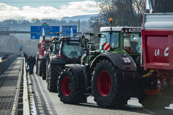 French farmers block access to a highway in Bayonne, south-western France. 