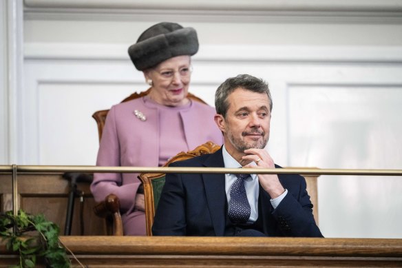 Denmark’s King Frederik X and his mother, Queen Margrethe, at the Danish parliament on Monday.