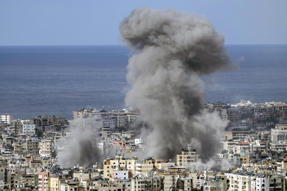 Smoke rises after an Israeli airstrike on Dahiyeh, in the southern suburb of Beirut, Lebanon.
