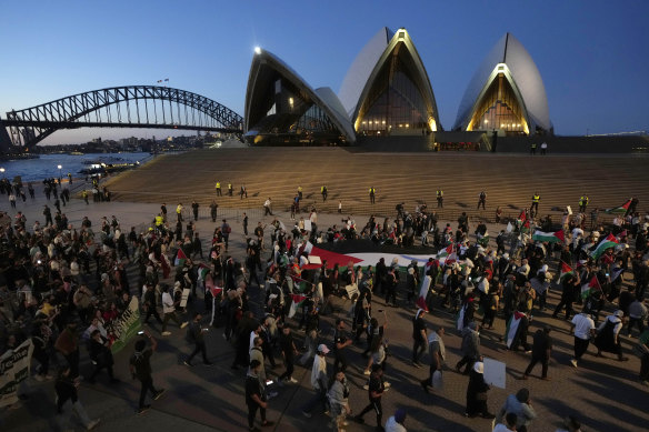 Palestinian supporters marched to the Opera House on Monday night.