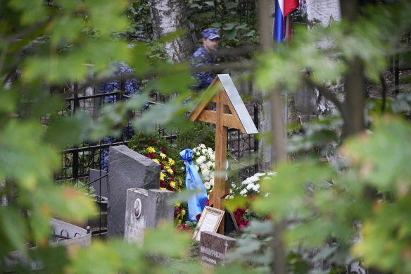 Flowers are seen on the grave of Wagner Group’s chief Yevgeny Prigozhin after a funeral in St Petersburg.