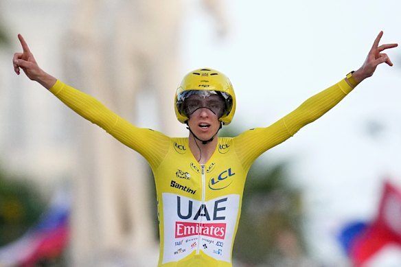 Tadej Pogačar after winning a stage in the 2024 Tour de France.