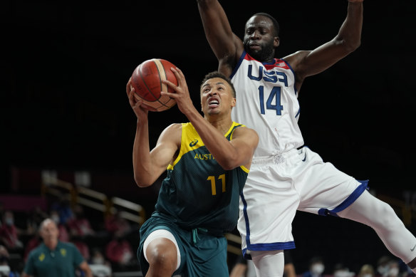 Dante Exum goes to the basket at the Tokyo Olympics.