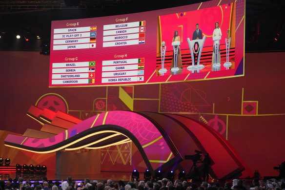 Groups E, F, G and H and displayed on screen during the 2022 soccer World Cup draw in Doha.