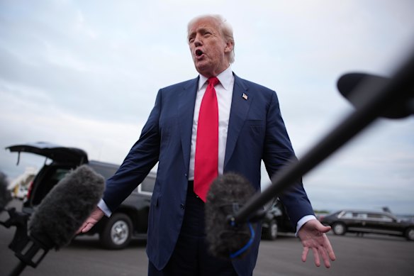 “Obviously, it’s no time to be talking about pardons,” Donald Trump said after landing in Scotland.