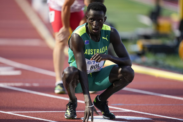 Peter Bol takes a moment after his race at the World Championships in Oregon in 2022.