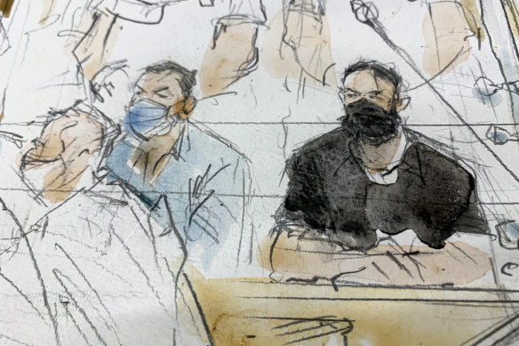 A court sketch of Salah Abdeslam, right, and Mohammed Abrini in the courtroom. 
