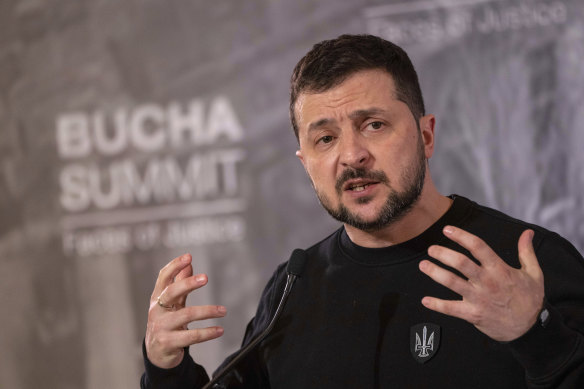 Ukrainian President Volodymyr Zelensky at the Bucha Summit on Friday. The leaders of Slovakia, Moldova, Slovenia and Croatia attended the meeting held on the first anniversary of the liberation of Bucha from Russian troops.