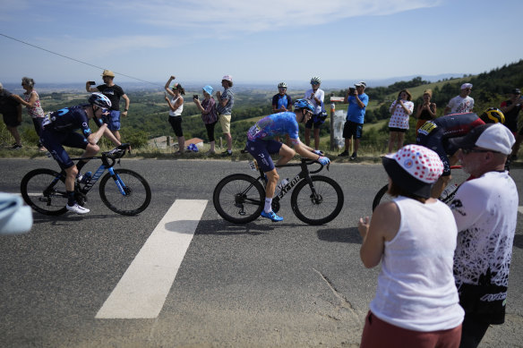 Matteo Jorgenson and Hugo Houle ride in the breakaway.