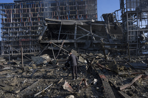 Shelling destroyed a shopping centre in a densely populated part of Kyiv this week.
