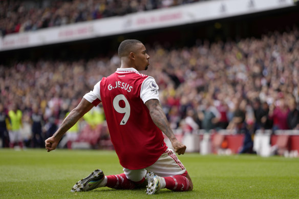 Arsenal’s Gabriel Jesus celebrates after scoring his side’s second goal during the English Premier League soccer match between Arsenal and Tottenham Hotspur.