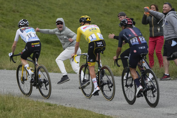 Pogacar burst away 8.4km from the top of the Pyrenean pass.