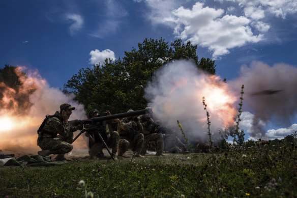 Ukrainian servicemen shoot with SPG-9 recoilless gun during training in the Kharkiv region.