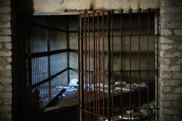 A cage believed to have been used by Russian occupying forces in Kozacha Lopan, Ukraine.