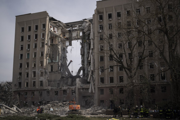 The regional government headquarters of Mykolaiv, Ukraine, following a Russian attack, on Tuesday.