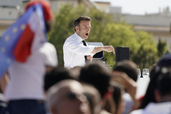 French President and centrist candidate Emmanuel Macron speaks during a campaign rally in Marseille on April 16.