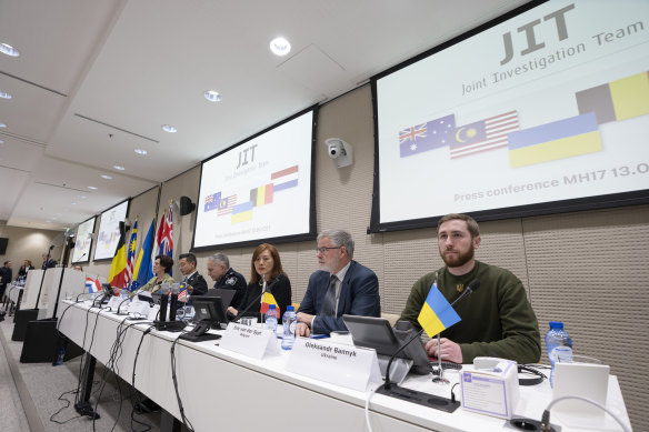 The Joint Investigation Team at a news conference in The Hague, Netherlands. It has suspended its investigation.