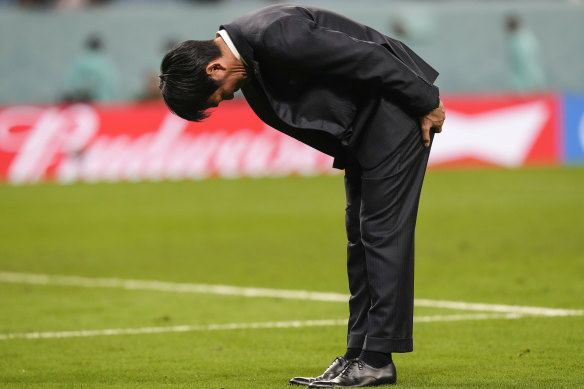 Japan’s head coach Hajime Moriyasu delivers a full mea culpa 90 degree bow to fans after his side lost the penalty shootout against Croatia at the World Cup in Qatar.
