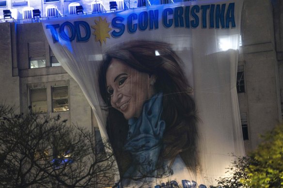 A banner with the portrait of Argentina’s Vice President Cristina Fernandez de Kirchner hangs from a government building on Friday.
