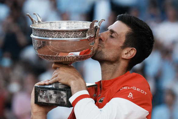 Novak Djokovic celebrates his Roland Garros victory, one of three majors he won in 2021.