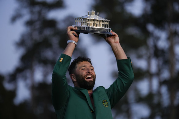 Jon Rahm celebrates his win at Augusta. 