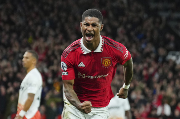 Manchester United’s Marcus Rashford celebrates a goal.