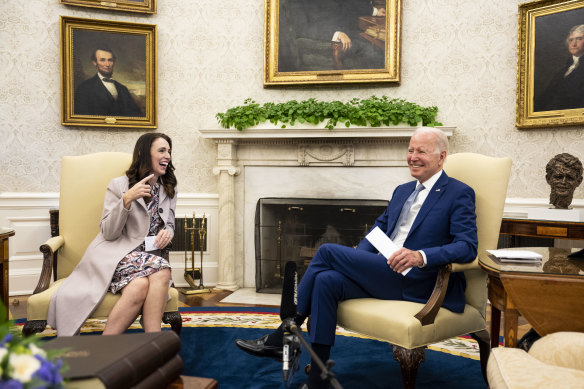 US President Joe Biden meets Jacinda Ardern in the Oval Office of the White House.
