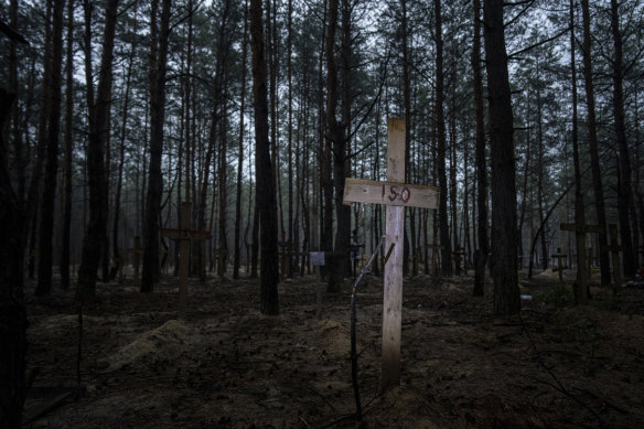 A view of unidentified graves of civilians and Ukrainian soldiers in a cemetery in the recently retaken area of Izium, Ukraine.