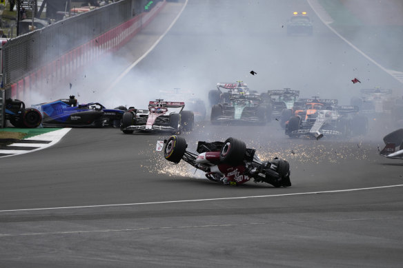 Alfa Romeo driver Guanyu Zhou crashes out of the British Grand Prix.
