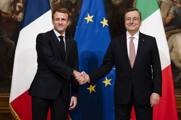 French President Emmanuel Macron, left, and Italian Prime Minister Mario Draghi in Rome on Thursday.