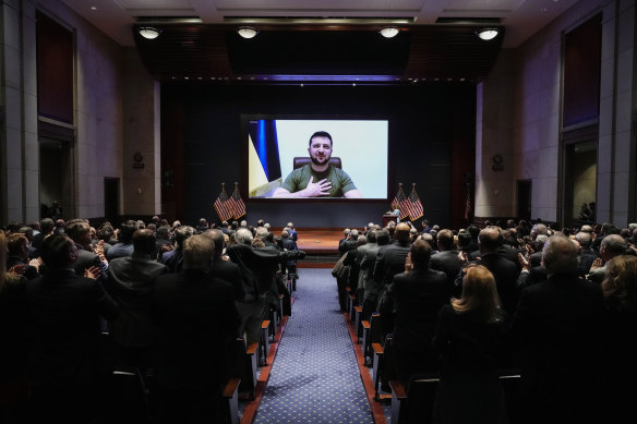 Ukrainian President Volodymyr Zelensky virtually addresses the US Congress.