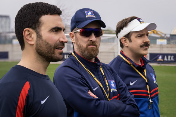 Goldstein with Brendan Hunt (middle), who plays Coach Beard, and Jason Sudeikis as Ted Lasso. 