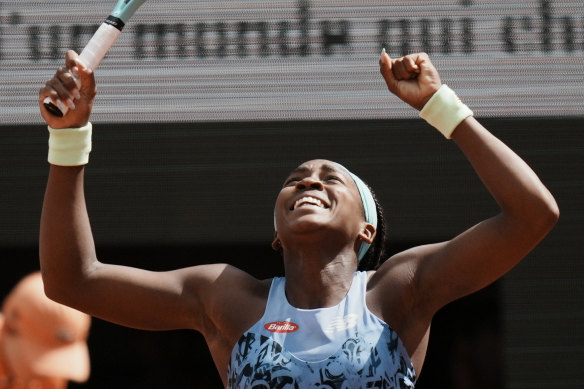 Coco Gauff of the US celebrates as she defeats Sloane Stephens.