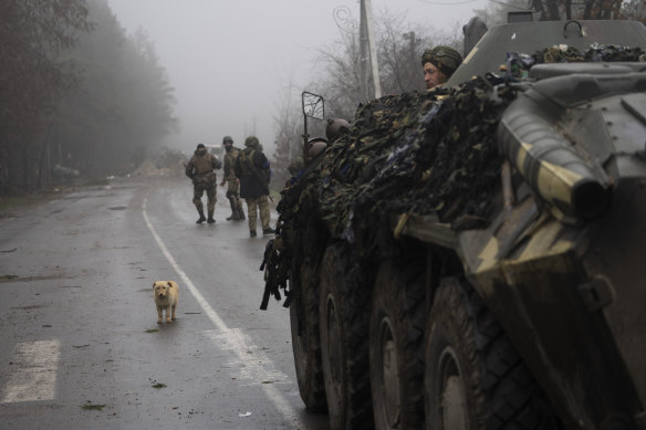 Ukrainian army soldiers take part of a military sweep near Kyiv.
