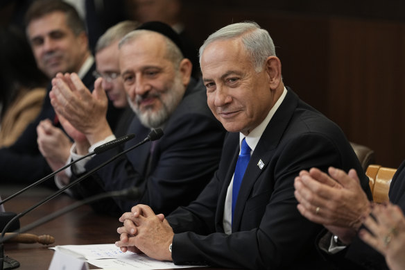 Newly sworn in Israeli Prime Minister Benjamin Netanyahu attends a cabinet meeting in Jerusalem.