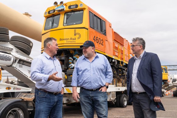 Queensland Resources Minister Scott Stewart (left) with Adani Australia boss Lucas Dow and federal LNP MP Keith Pitt in Townsville last year. 