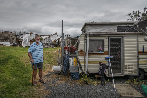 Kevin Allen, who lost his home from bushfires earlier this year, is now living in a caravan on his property.